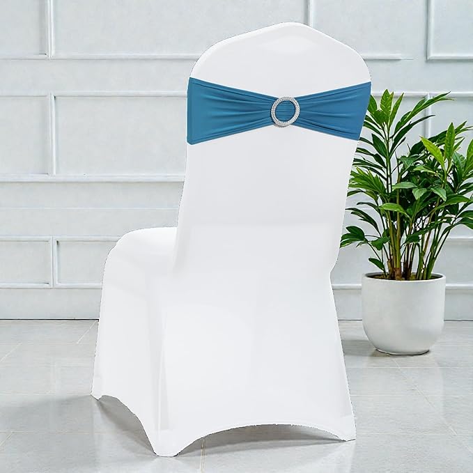 VDS - Dark Teal | Spandex Chair Sashes Bows | 250 PCS | Stretch Elastic Banquet Universal Folding Chair Band Tie with Silver Buckle Slider for Wedding Party Conference Celebration Event Decoration