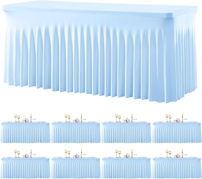 gogoparti 8 Pack Spandex Baby Blue Fitted Table Cloth for 6ft Rectangle Tables Light Blue Stretch Tablecloth Banquet Table Covers Wrinkle Free Tablecloths for Parties Wedding