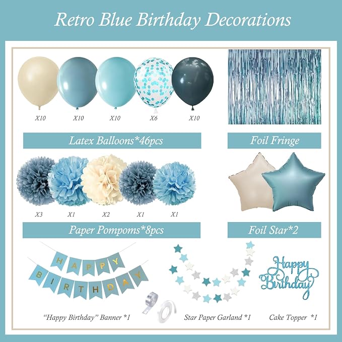 Blue Birthday Decorations - Blue Party Decor Balloons with Happy Birthday Banner Fringe Curtain Background Blue Pom Poms, Light Blue Birthday Decorations for Men Women
