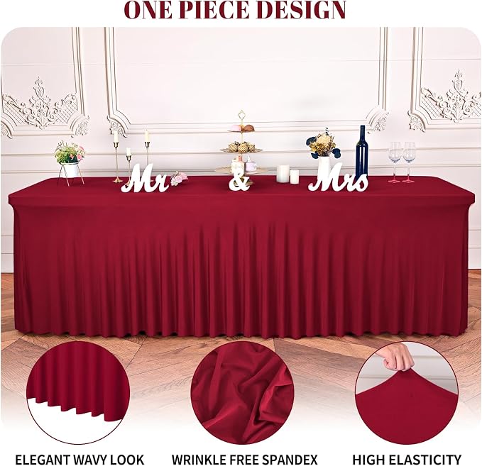 fani 2 Packs Burgundy Stretch Table Skirts for 8 Foot Rectangle Table, Washable Spandex Stretch Tablecloths with Skirt, Wrinkle Resistant Fitted Tablecover for Wedding Party Banquet