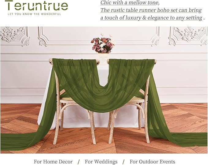 Teruntrue 24 Packs Olive Green Cheesecloth Table Runner,10ft Rustic Gauze Boho Wedding Table Runner Decoration, Wedding Table Decor Sheer Table Runner for Wedding Party Bridal Shower Table