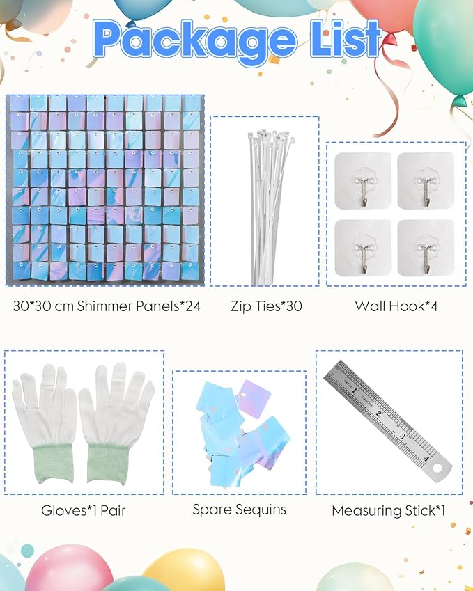 Iridescent Blue Shimmer Wall Backdrop, Mjkeomo 24 Pcs Sequin Backdrop Glitter Photo Backdrops for Birthday, Graduation, Anniversary, Wedding, Home Party Decorations