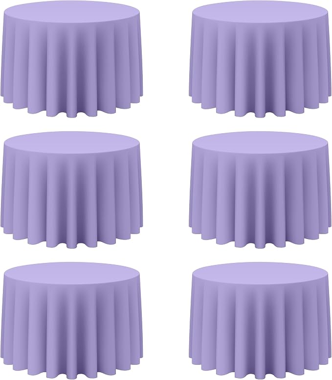 BRILLMAX 6 Pack Lavender Round Tablecloths 108 Inch for 48” Tables - 150 GSM Polyester Fabric, Floor Length Drop, Water, Stain & Wrinkle Resistant Cloth Cover for Wedding Reception Banquet Dining