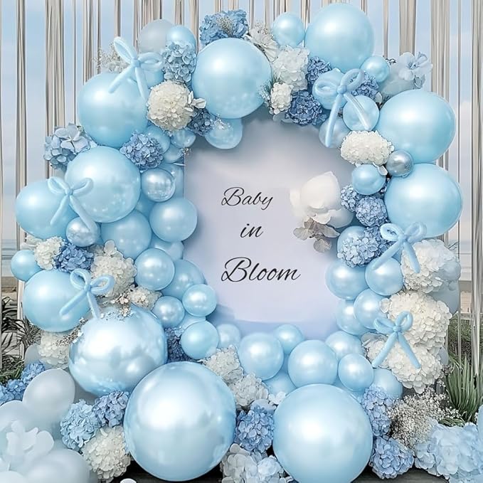 Pearl Blue Balloon Double Stuffed Light Baby Blue Balloons Garland Pearl Arch Kit Long Balloons Different Size for Birthday Wedding Baby Shower Anniversary Decoration