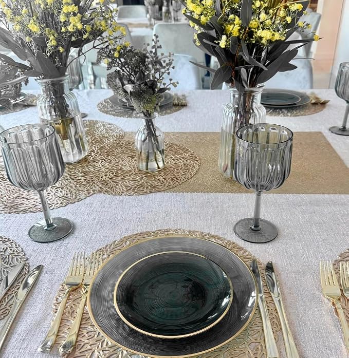 OCCASIONS 50 Black and Gold Plates for 25 Guests (Belize in Black & Gold) | China-Like Look, Fancy Heavy Duty Disposable Plastic Dinnerware Set, 10" Dinner & 7" Salad/Dessert, Wedding Party, BPA Free