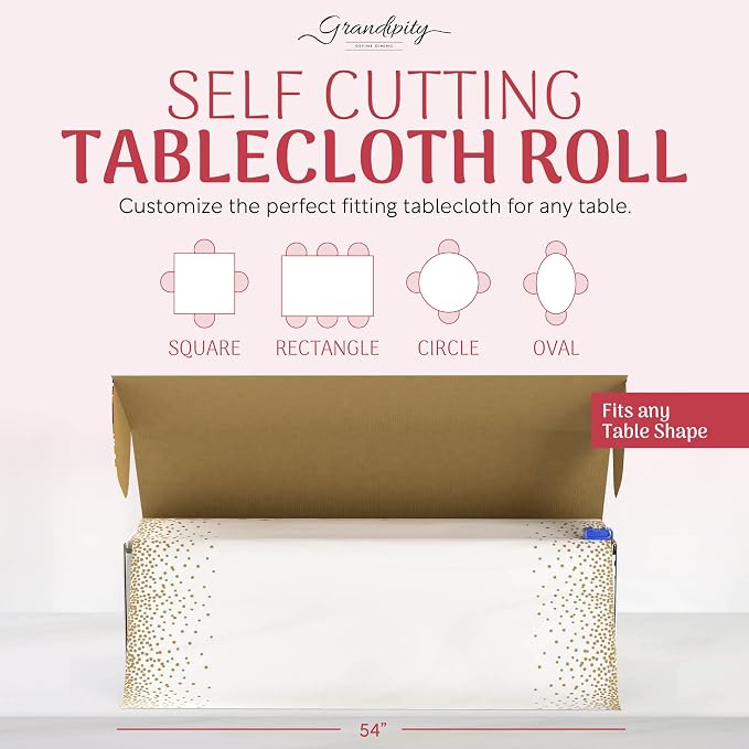 Grandipity Plastic Tablecloth Roll, 54x300' Gold Dots, Disposable, Wrinkle-Resistant, Lightweight, Rectangular, All-Season, 1 Count