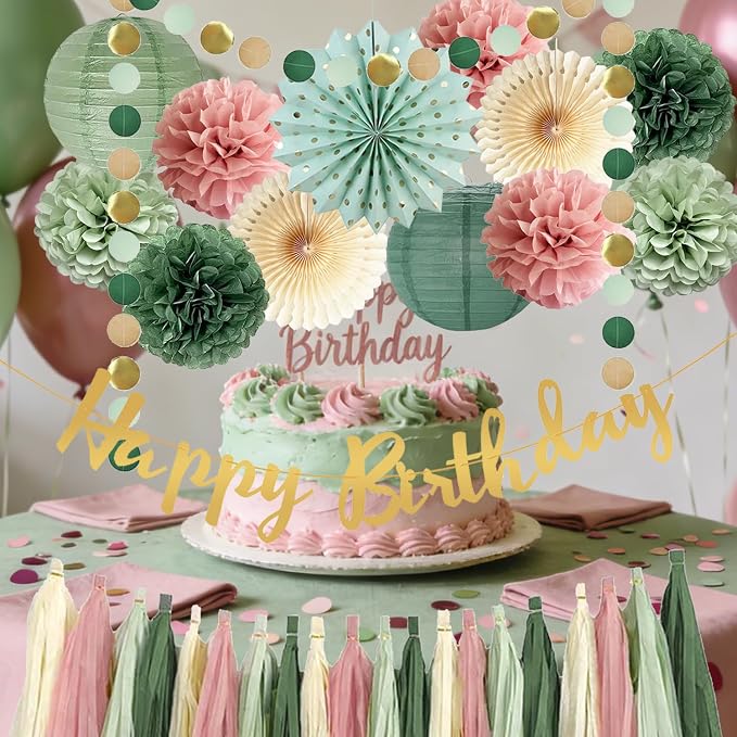 Sage Green and Pink Happy Birthday Party Decorations Dusty Pink Sage Green Tissue Pom Poms Paper Lanterns Beige Paper Fans Tassel Garlands for Women Girls Birthday Baby Shower Decoration