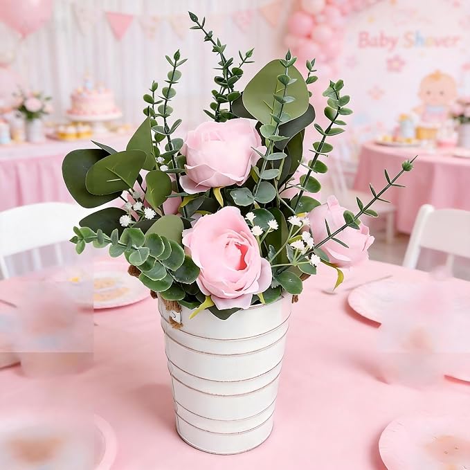 Artificial Flowers in Pot - 10 Inches Pre-Made Large Faux Silk Rose Floral Greenery Table Centerpieces with Rustic Tall Metal Vase for Farmhouse Home Decoration - Pink
