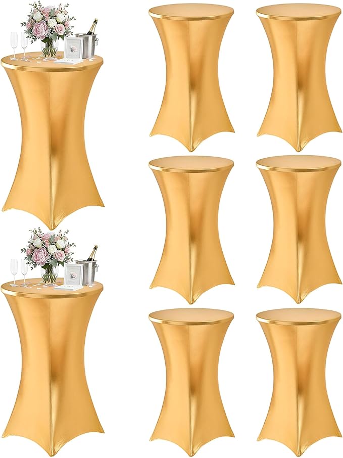 Cocktail High Top Table Covers - 32x43 Inch Fitted Spandex Round Cocktail Tablecloth for Bar Height Standing Table Cloths Reusable, for Party Wedding Banquet Event Decorations, Shiny Gold, 8 Pack