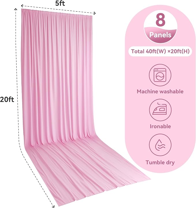 8 Panels 5x20ft Pink Ceiling Drapes for Wedding Parties, Wrinkle Free Ceiling Curtains Thick Polyester 20 ft Long Canopy Tent Draping Fabric Arch Drapery for Birthday Banquet Big Party Events