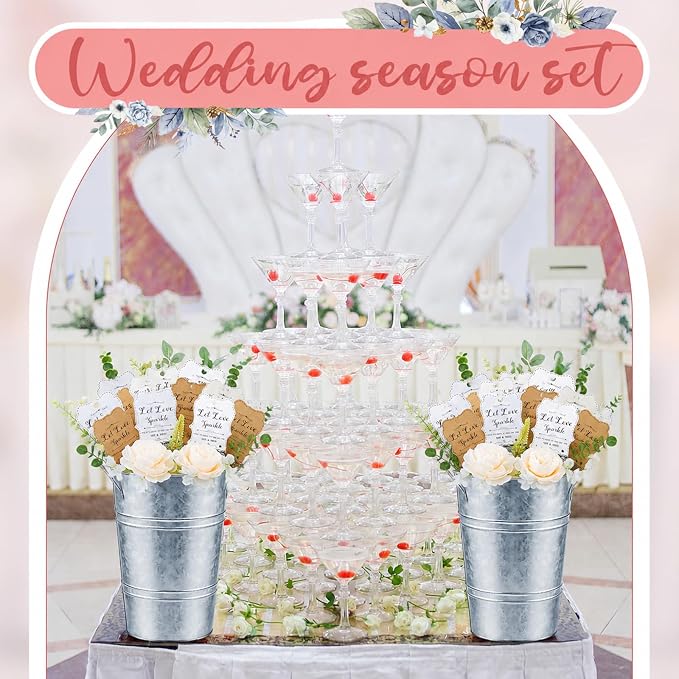 Henoyso 153 Pcs Wedding Send Off Set, 150 Lace Wedding Tags, 2 Pack 12.2 Inch Galvanized Metal Buckets, 1 Acrylic Send Off Sign with Stand for Party Decorations(Silver)