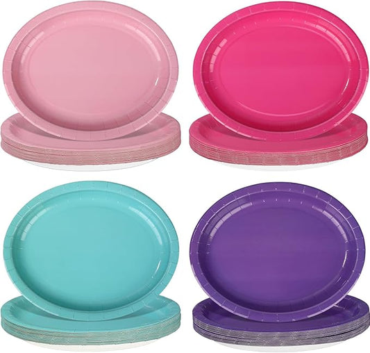 Vesici 100Pcs Teal Blue Pink Purple Paper Plates Blue Purple Pink Party Supplies Oval Heavy Duty Disposable Dessert Plates Paper Tableware for Puppy Dog Baby Birthday Shower Wedding Party Supplies