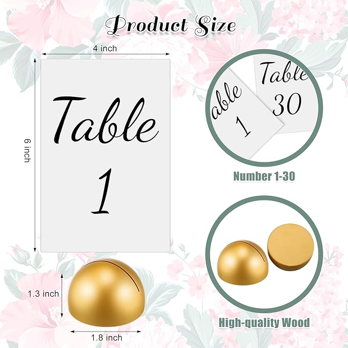 Queekay 30 Packs Gold Round Table Number Stands with 1-30 Cards- 4x6 Inch, Wedding Table Number Holders for Reception, Centerpieces, Party Decorations(Gold)