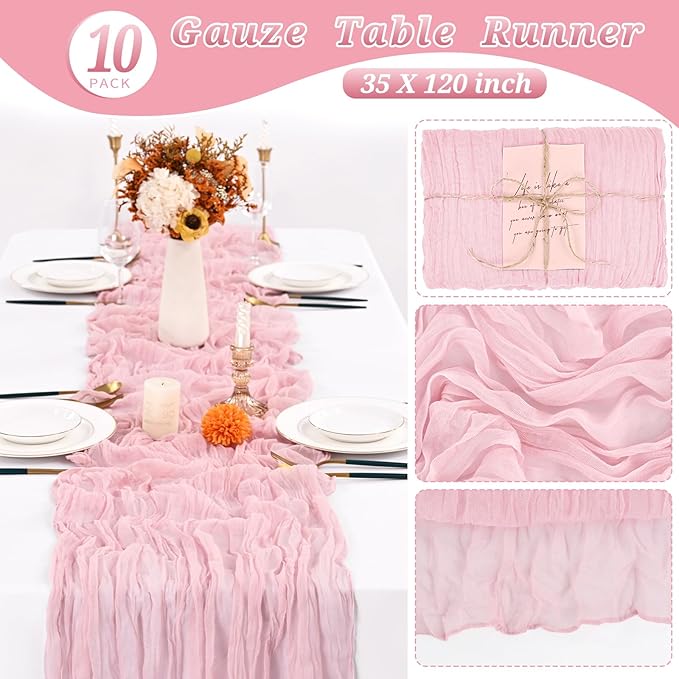 10 Pcs Light Pink Cheesecloth Table Runner 10FT, Gauze Table Runner for Wedding Reception Sheer Bridal Shower Birthday Party Boho Table Decoration, Rustic Romantic Wedding Runner