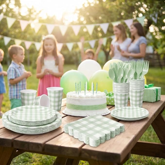 LINHAXM 175 Pcs Sage Green Gingham Party Supplies, Green Gingham Paper Plates, Cups, Napkins, Cutlery for Wedding Bridal Showe Birthday Baby Shower Party Decorations, Serves 25