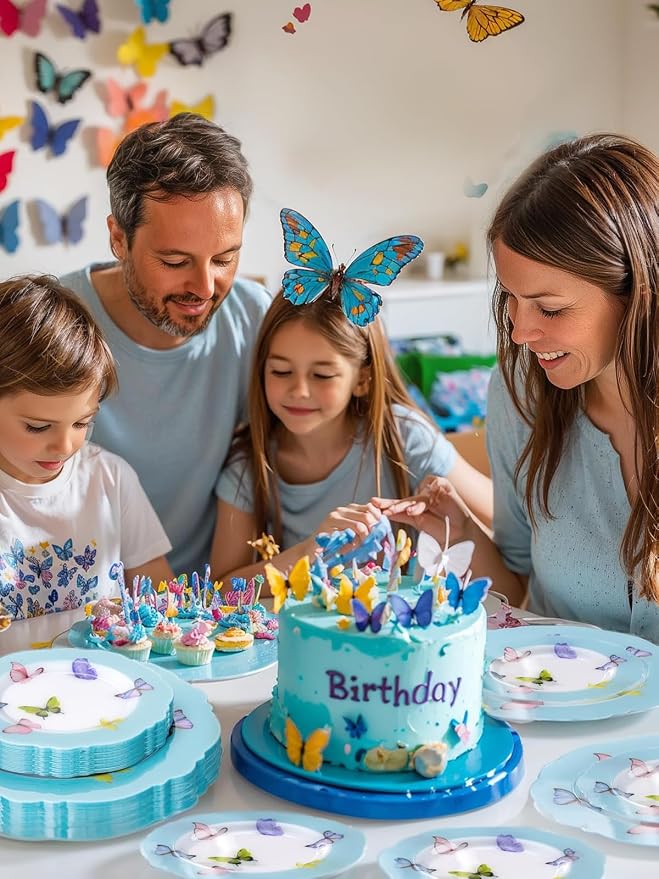 WDF 20PCS Blue Butterfly Plates - Baroque Spring Plates Disposable - Light Blue Butterfly Party Decorations for Birthdays/Tea Party/Bridal Shower (Pack of 2)