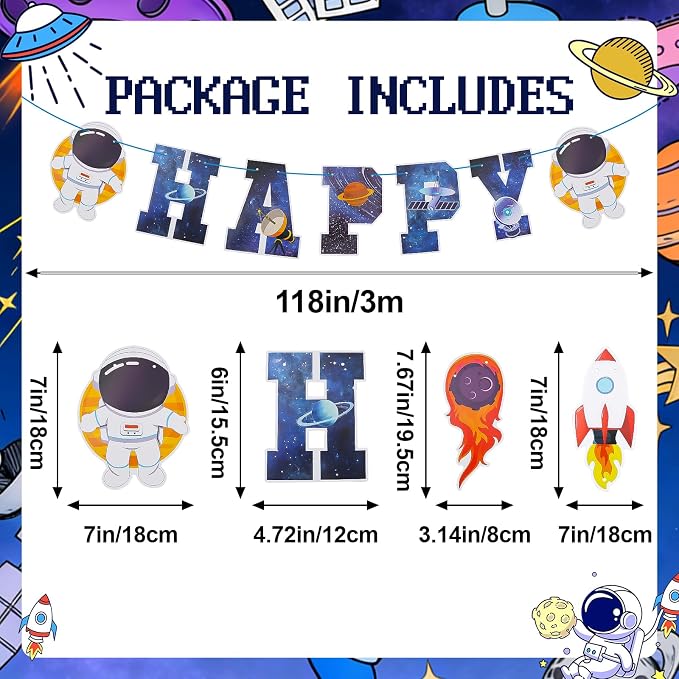 Space Themed Happy Birthday Party Decorations Include Happy Birthday Banner Astronaut Rocket and Tail of Fire Hanging Swirl Tassels Hanging Streamer Decor Space Party Decorations