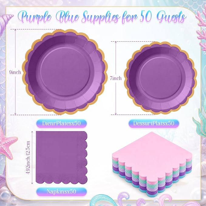 Zhehao 150 Pcs Mermaid Plates and Napkins Tableware Serves 50 Includes 9 Inch 7 Inch Purple and Blue Scalloped Wave Edges Paper Plate and Napkins for Wedding Birthday Baby Shower Party