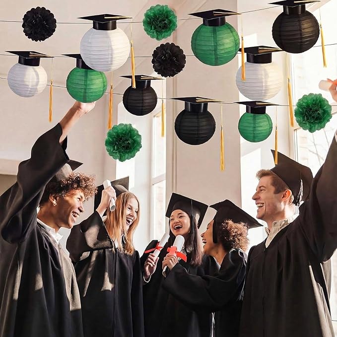 Gilprop 15 Pcs Black and Green Graduation Decoration 2026 Paper Lanterns Graduation Party Decorations Hanging Round Paper Lanterns with Black Grad Hat Tassel for Congratulation Grad Decorations