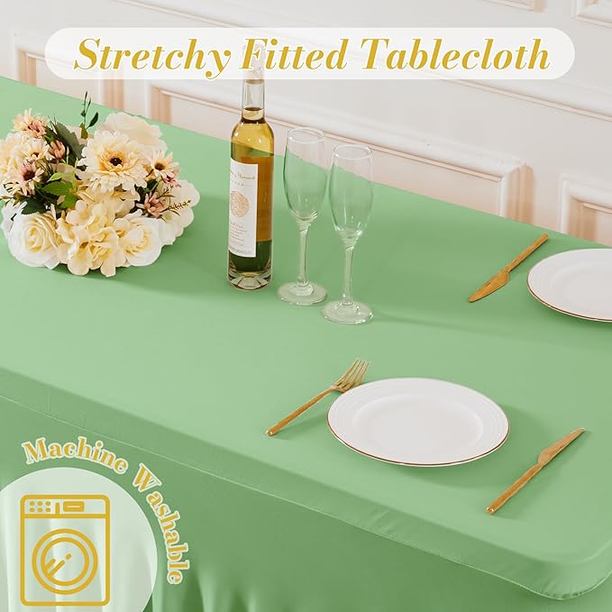 gogoparti 2 Pack Spandex Sage Green Fitted Table Cloth for 8ft Rectangle Tables Sage Green Stretch Tablecloth Table Covers Skirt Banquet Wrinkle Free Tablecloths for Parties Wedding