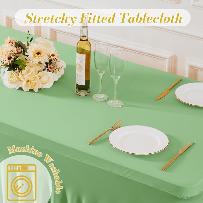 gogoparti 2 Pack Spandex Sage Green Fitted Table Cloth for 6ft Rectangle Tables Sage Green Stretch Tablecloth Table Covers Skirt Banquet Wrinkle Free Tablecloths for Parties Wedding