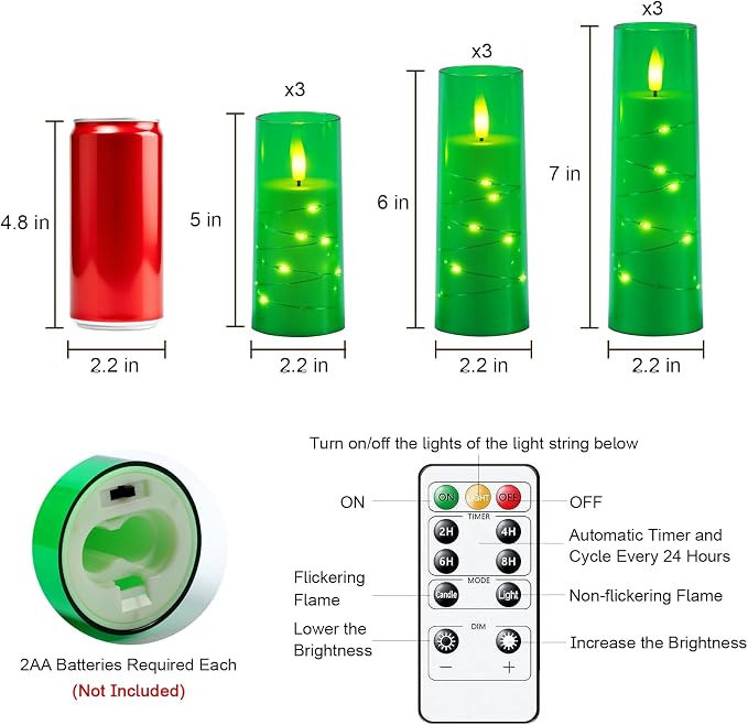 Raycare St. Patrick's Day Flameless Candle with Remote Timer – 9 Flickering Acrylic Battery Operated LED Pillar Candles with Embedded Star String for Home Decor, and as a Gift(Green)