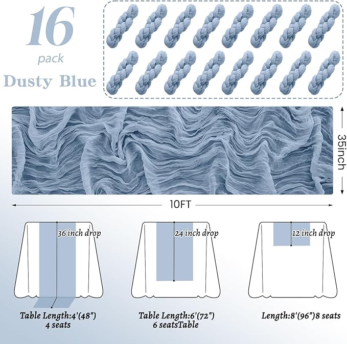 16Pack Dusty Blue Table Runner 10FT Dusty Blue Cheesecloth Table Runner 35x120Inch Long Boho Table Runners Rustic Gauze Table Runners for Party Wedding Bridal Shower Baby Shower Decorations