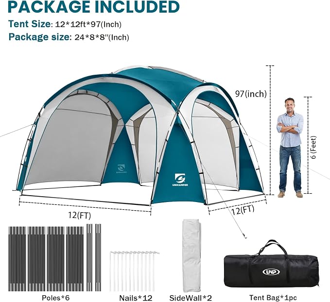 UNICAMPER Beach Tent 12 X 12ft Large UPF50+ Pop Up Canopy with 2-Pcs Side Wall, Sun Shelter Rainproof, Waterproof for Camping Trips, Backyard Fun, Fishing, Parties, Or Picnics(Ocean Blue)