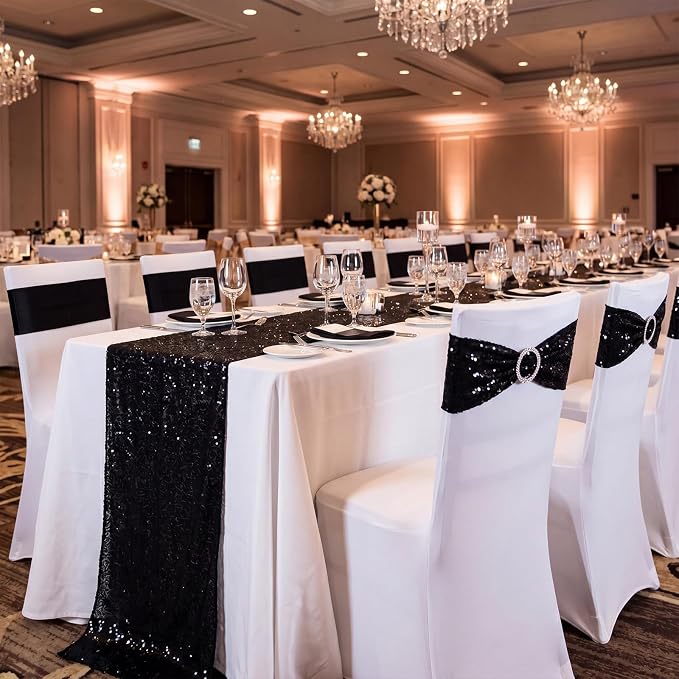 Newwiee 54 Pcs Black Sequin Chair Sashes and Table Runners, 48 Sequin Chair Bows, 6 Glitter Table Runners for Birthday Party Wedding Banquet Holiday Decorations