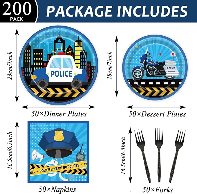 Qyeahkj 50 Guests Police Plates and Napkins Party Supplies Police Car Party Decorations Disposable Tableware Set Police Officer Paper Dinnerware Favor for Boys Kids, 200PCS