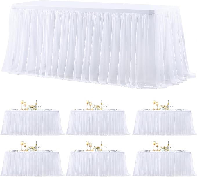 6 Pack White Table Cloth for 8 Foot Rectangle Tables, White Stretch Fitted Tulle Table Covers Skirt, Rectangular Ruffle Tutu Tablecloth Wedding Banquet Baby Shower Cake Tablecloths Decorations