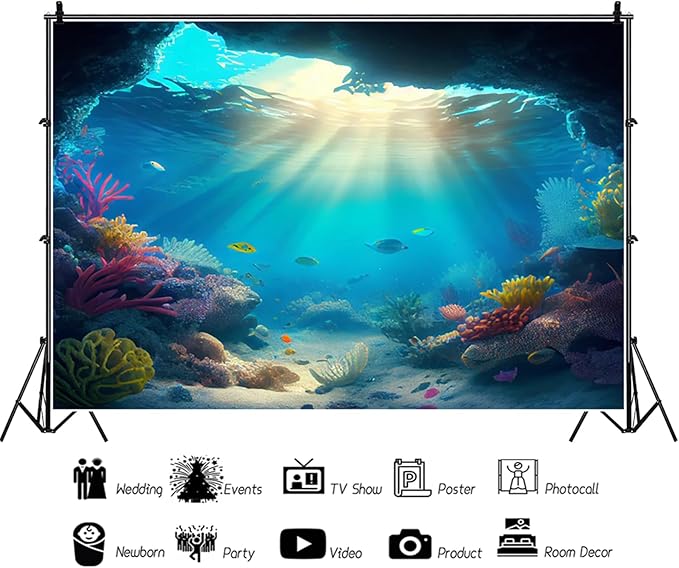 7x5ft Under The Sea Backdrop Underwater Blue Ocean Fish Coral Photography Background Kids Birthday Baby Shower Party Banner Cake Table Decorations Supplies Photo Booth Props