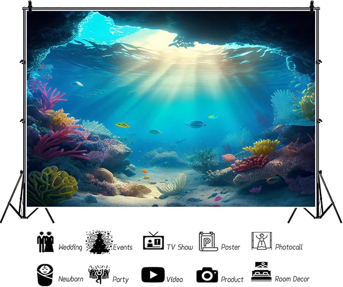 5x3ft Under The Sea Backdrop Underwater Blue Ocean Fish Coral Photography Background Kids Birthday Baby Shower Party Banner Cake Table Decorations Supplies Photo Booth Props
