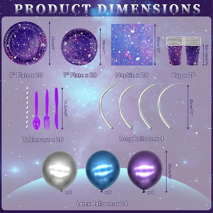 Galaxy Party Supplies,Includes Space Galaxy Birthday Backdrop, Plates, Napkins, Cups ,Tablecloth, Balloons,Foil Balloons, for 20 Guests Galaxy Outer Space Theme Birthday Party Decoration