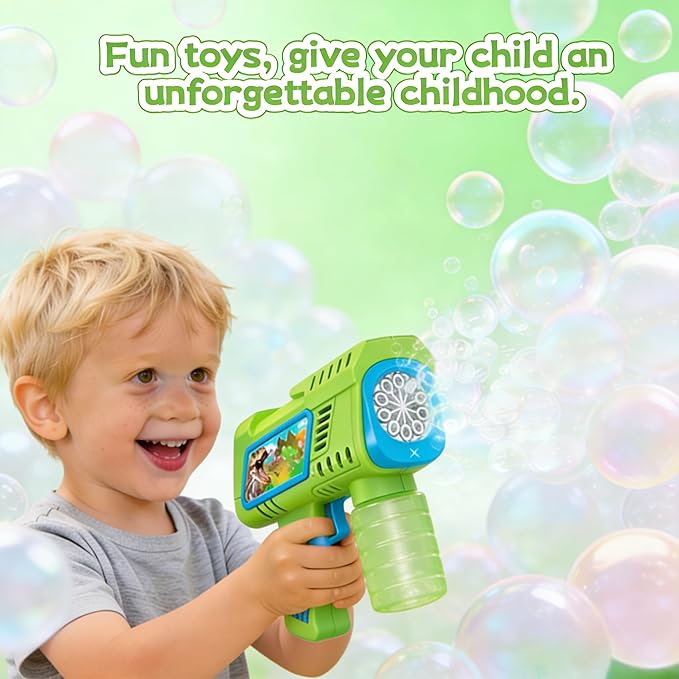 Bubble Gun Machine with Batteries, Green and Pink, Includes Bubble Solution and Refill Packs, Dinosaur Theme, Kids Outdoor Toy