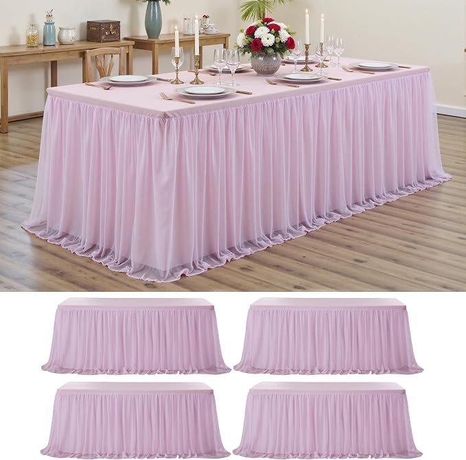 4-Pack Pink Tulle Tablecloth for 6 Ft Rectangle Tables – Elastic Spandex Table Cover with Tutu Skirt, Wrinkle Free for Wedding, Birthday Party, Banquet Buffet, Craft fairs