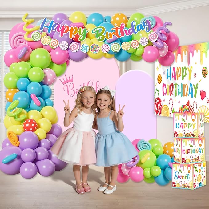 281pcs Candyland Party Decorations, All-in-One Party Pack for 25 Guests, with Balloon Arch, No-DIY Banner, Thick Plates and Napkins, Tablecloths, Easy Setup for Candy Birthday Party