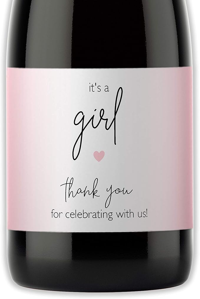 It’s a Girl Mini Champagne Bottle Labels ● SET of 12 ● Pink Baby Shower Mini Champagne Label, About to POP Thank You for Celebrating with us Favors Stickers Gender Reveal WATERPROOF (Minimalist)
