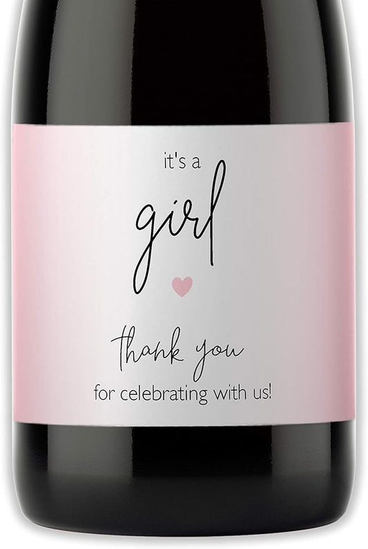 It’s a Girl Mini Champagne Bottle Labels ● SET of 12 ● Pink Baby Shower Mini Champagne Label, About to POP Thank You for Celebrating with us Favors Stickers Gender Reveal WATERPROOF (Minimalist)