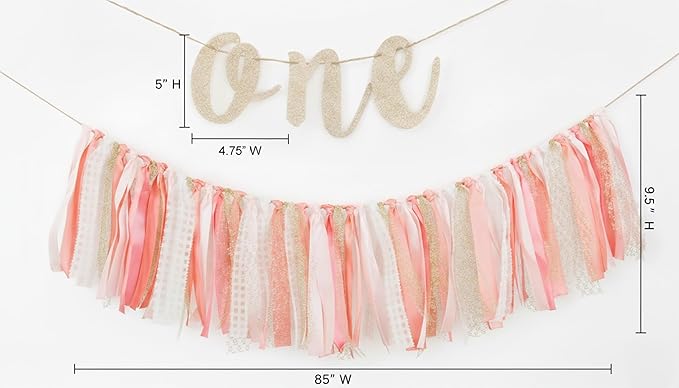 PapaKit Girls 1st Birthday High Chair Premium Decoration Set - Pink & Gold Ribbon Garland, Crown, One Banner & Cake Topper | Coquette Fairy Princess Theme | Smash Cake Photo Prop Backdrop