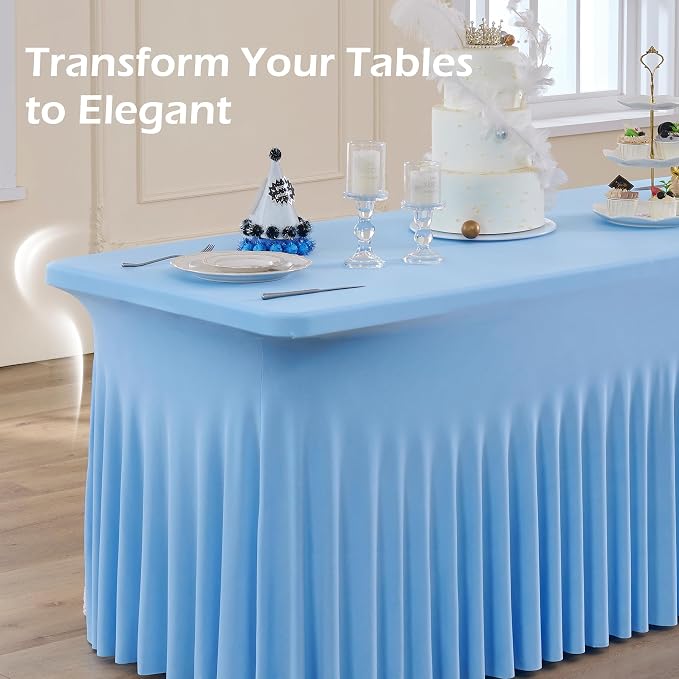 6 pk Baby Blue Spandex Tablecloth 6ft with Ruffle Skirt, Wrinkle Free High Stretch Fitted Tablecloths for 6 Foot Rectangle Tables, Blue Eastic Spandex Table Covers 6ft for Parties Banquet Weddings