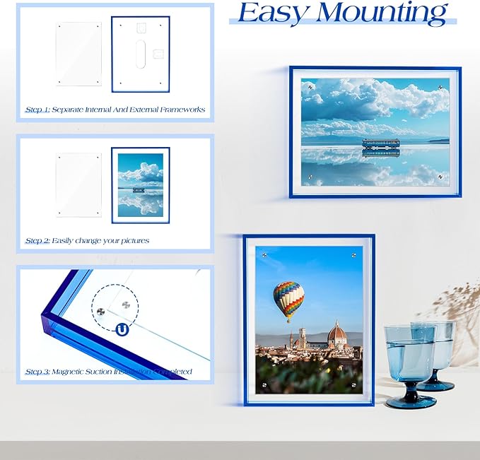 TWING 5x7 Picture Frame, Acrylic Photo Frame Self Standing Magnetic Color Floating Picture Frame Use as 5x7, 5x5, 4x6 - Horizontal and Vertical Formats for Wall and Tabletop Display, Blue, 1 Pack