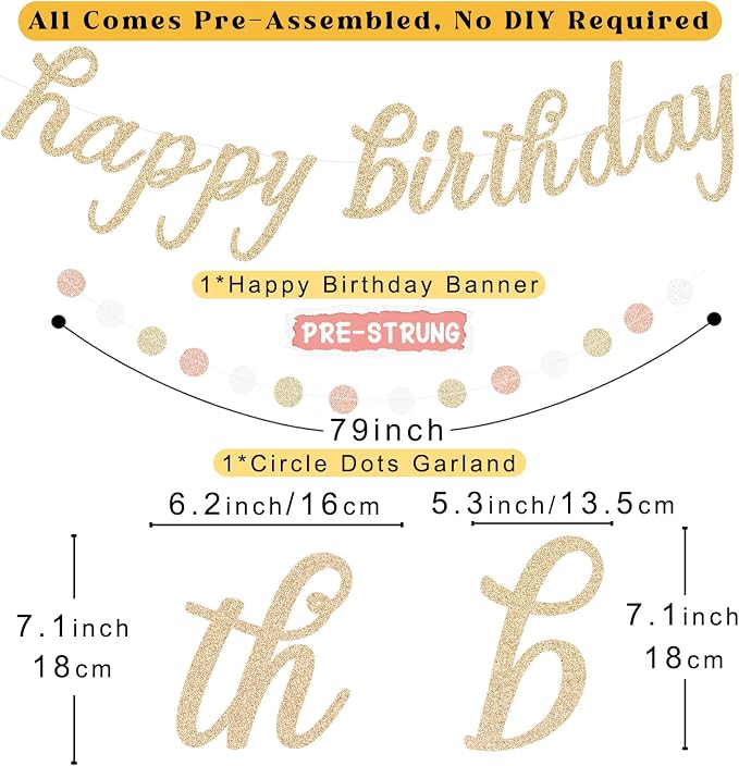 Boho Pink Happy Birthday Decorations for Women Girls, Pre-Strung, 24pcs | Happy Birthday Banner, Honeycomb Ball, Paper Flowers, Lanterns, Fans, Streamers, Dots Garland for Birthday Party Decorations