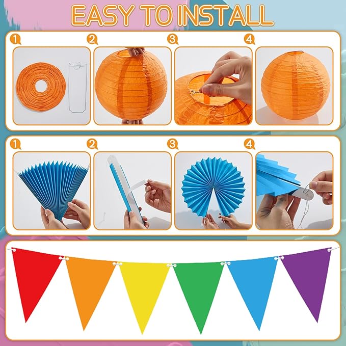 21Pcs Colorful Classroom Decor Rainbow Hanging Paper Lanterns Paper Fans Triangle Flags Banners Set Round Lantern for Back to School Ceiling Supplies Home Indoor Birthday Party Ceremonial Event