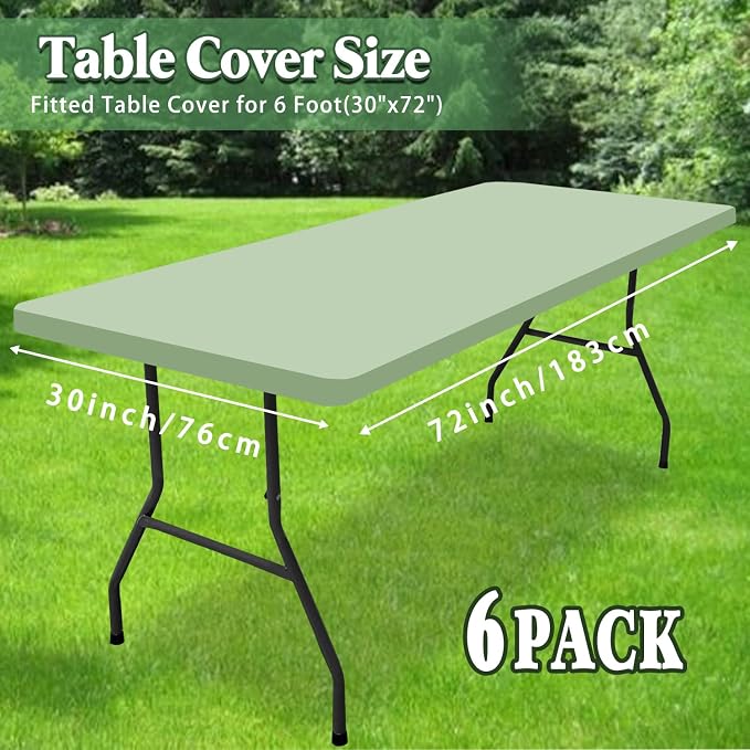 6 Pack Picnic Table Cover Elastic Fitted Outdoor Tablecloths for 6 Foot Rectangle Table Waterproof Stretch Washable Patio Folding Spandex Tablecloth for Camping Banquet Parties (Sage Green,30" x 72")