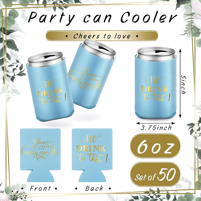 SiliFine 101 Pcs Blue Wedding Can Cooler Bulk Engagement Party Favors for 100 Guests Cheers to Love Laughter, and I'll Drink Can Cooler with Wooden Wedding Table Sign Bridal Shower Favor