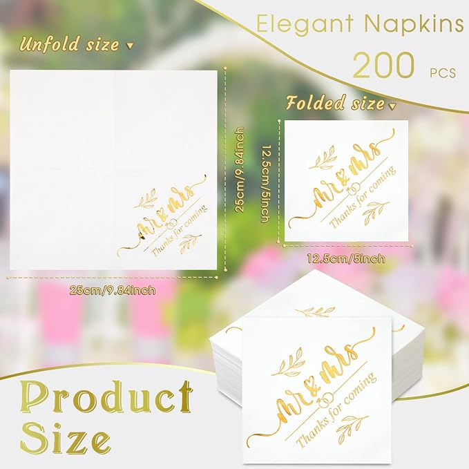 200 Pcs Wedding Napkins for Reception Disposable Bridal Shower Napkins Gold Foil Wedding Decorations Mr and Mrs Napkins for Engagement Party Decoration Cocktail Beverage Dessert (Simple Styles)