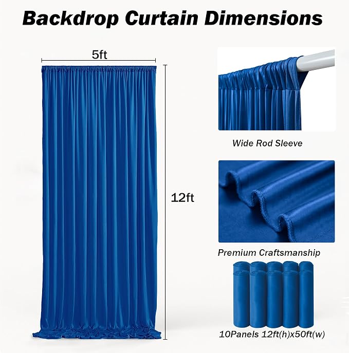 50ft×12ft Royal Blue Backdrop Curtain for Wedding Parties,10 Panels Wrinkle Free Polyester Photo Backdrop Drapes Back Drop Cloth for Independence Day Birthday Photography Background