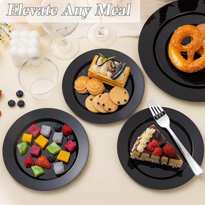 BESTSTAR 100PCS Black Plastic Plates Set, 50 10.25 inch Dinner Plates and 50 7.5 inch Dessert Plates, Premium Disposable Plates for Party, Wedding