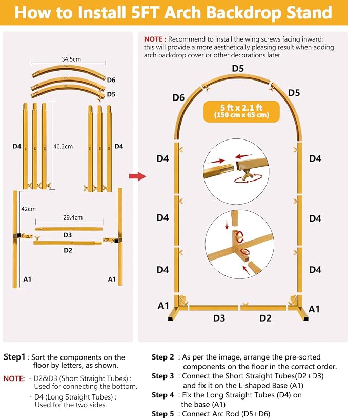Wedding Arch Backdrop Stand 5FT, 6FT Gold Metal Arch Stand Set of 2, Balloon Arch Stand for Wedding Baby Shower Birthday Ceremony Party Graduation Decoration